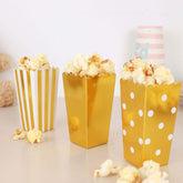 36 Pack 4" White Gold Design Mini Paper Popcorn Boxes, Candy Favor Disposable Bags - Stripe, Polka Dot, Solid Style