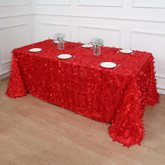 Taffeta 90"x132" Rectangle Tablecloth Red | 3D Leaf Petal Design Seamless Table Cover