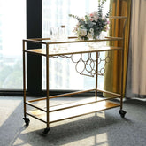 Gold Metal Bar Cart with Wooden Serving Trays 2-Tier - Wine Rack Holds 5 Bottles and 2 Glasses for Events 3ft