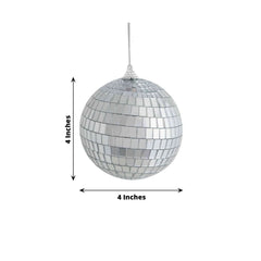 4 Pack 4" Silver Foam Disco Mirror Ball With Hanging Strings, Holiday Christmas Ornaments