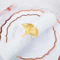 4 Pack Metallic Gold Ginkgo Leaf Napkin Rings, Ornate Design Linen Napkin Holders