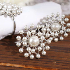 4 Pack Pearl And Diamond Rhinestone Silver Metal Napkin Rings, Decorative Napkin Buckle Holders