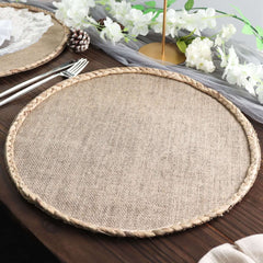 4-Pack Placemats Braided Edge Design Natural Burlap Jute Round - Rustic Farmhouse Style with Trim 15"