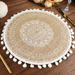 4-Pack Placemats Embroidery Mandala Print Design Natural Jute and White Round - Rustic Burlap Tassel Style with Beaded Trim 15"
