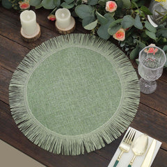 4-Pack Placemats Fringe Edge Design Sage Green Jute Round - Rustic Boho Chic Burlap Table Decor 16"