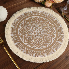4-Pack Placemats Mandala Print Fringe Design Natural Jute and White Round - Rustic Burlap Tassel Style 15"