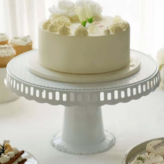 4-Pack Plastic Round Pedestal Cake Stands White - Reusable Cupcake Pastry Display Risers with Hollow Ribbon Trim Edges for Stylish Dessert Presentation 13"