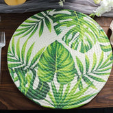4-Pack Table Placemats Tropical Leaf Design Green Cotton Round - Woven Indoor/Outdoor Dining Mats 15"