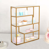 4-Tier Dessert Cupcake Stand Metal Gold with White Wood Panels - Wall Shelf & Book Display Rack 22"