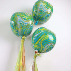 3 Pack 13" Green Gold Marble Orbz Foil Balloons, 4D Sphere Mylar Balloons