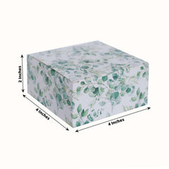 25 Pack White Green Eucalyptus Leaves Print Paper Favor Boxes, Cardstock Party Shower Candy Gift Boxes - 4"x4"x2"