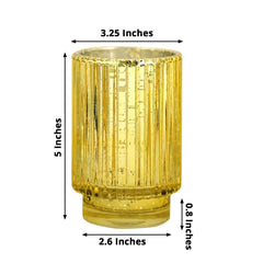 3-Pack Mercury Glass Hurricane Candle Holders Gold Wavy Column Design - Votive Pillar Vase 5"