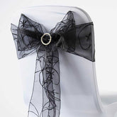 5 Pack Organza Chair Sashes with Satin Leaf Embroidery Black - Reusable Sheer Design for Classy Weddings & Events 7"x108"