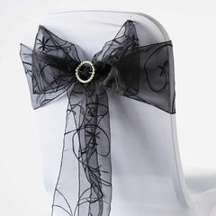 5 Pack Organza Chair Sashes with Satin Leaf Embroidery Black - Reusable Sheer Design for Classy Weddings & Events 7"x108"