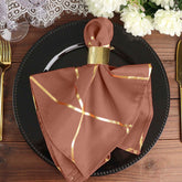 5 Pack Polyester 20"x20" Napkins Terracotta (Rust) with Gold Geometric Foil Pattern - Modern Reusable Dinner Napkins
