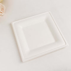 50-Pack Bagasse 10" Square Dinner Plates in White with Wide Rim - Eco Friendly Biodegradable Sugarcane Party Plates for Events