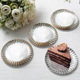 50-Pack Paper 5" Round Dessert Plates in Metallic Silver with Scalloped Rim - Disposable 250GSM Appetizer Party Plates