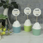 50-Pack Bamboo Cupcake Toppers Thank You Tag Round Design - Decorative Top Cocktail Picks 5.5"