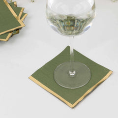 50-Pack Paper Beverage Napkins Olive Green with Gold Foil Edge - 2 Ply Disposable Soft 18GSM Cocktail Napkins 5"x5"