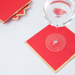 50-Pack Paper Beverage Napkins with Gold Foil Edge Red - Disposable 2 Ply Cocktail Napkins for Events 6.5"x6.5"