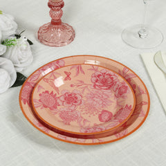 50-Pack Paper Round Dessert and Dinner Plates in Dusty Rose Spring Floral Print with Gold Rim - Heavy Duty Disposable Party Plates Set for Classy Table Decor 7", 9"