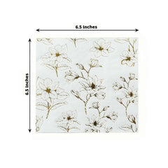 50-Pack Paper Cocktail Napkins with Gold Magnolia Flowers Print White - Highly 2 Ply Absorbent Soft Napkins for Beverages
