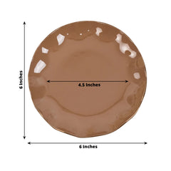 10-Pack Plastic Round 6" Dessert Plates in Coffee Brown Ruffled Rim with Gold Edging - Sturdy Disposable Salad Appetizer Dinnerware