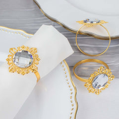 6 Pack 2" Gold Metal Clear Crystal Rhinestone Napkin Rings, Diamond Bling Napkin Holders