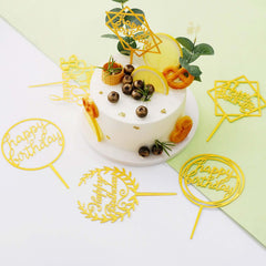 6-Pack Acrylic Happy Birthday Cake Toppers Gold Assorted Styles - Fun Reusable Cake Inserts for DIY Party Decoration Supplies