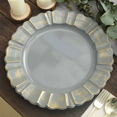6-Pack Acrylic Plastic Round Charger Plates 13" in Charcoal Gray with Gold Brushed Wavy Scalloped Rim, Decorative Dinner Party Charger Tableware