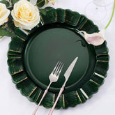 6-Pack Acrylic Plastic Round Charger Plates 13" in Hunter Emerald Green with Gold Brushed Wavy Scalloped Rim, Decorative Dinner Party Charger Tableware