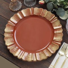 6-Pack Acrylic Plastic Round Charger Plates 13" in Terracotta (Rust) with Gold Brushed Wavy Scalloped Rim, Decorative Dinner Party Charger Tableware