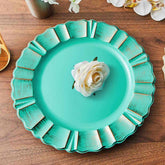 6-Pack Acrylic Plastic Round Charger Plates 13" in Turquoise with Gold Brushed Wavy Scalloped Rim, Decorative Dinner Party Charger Tableware
