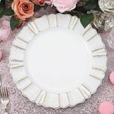 6-Pack Acrylic Plastic Round Charger Plates 13" in White with Gold Brushed Wavy Scalloped Rim, Decorative Dinner Party Charger Tableware