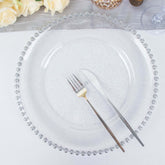 6-Pack Acrylic Round Charger Plates 13" in Clear Silver Glittered with Beaded Rim, Decorative Dinner Party Serving Plates