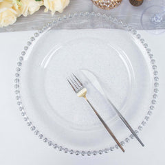 6-Pack Acrylic Round Charger Plates 13" in Clear Silver Glittered with Beaded Rim, Decorative Dinner Party Serving Plates