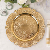 6-Pack Acrylic Round Charger Plates 13" in Gold Floral Embossed with Scalloped Rim, Plastic Decorative Charger Tableware