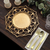 6-Pack Acrylic Round Charger Plates 13" in Gold with Floral Cutout Design, Hollow Flower Plastic Decorative Dinner Party Charger Tableware