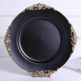 6-Pack Acrylic Round Charger Plates 13" in Matte Black with Gold Embossed Baroque Rim, Antique Decorative Dinner Party Charger Tableware