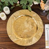 6-Pack Acrylic Round Charger Plates 13" in Metallic Gold with Embossed Tropical Leaves, Decorative Dinner Charger Tableware
