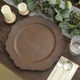 6-Pack Acrylic Round Charger Plates 13" in Rustic Brown with Wood Grain Scalloped Rim, Decorative Dinner Party Charger Tableware