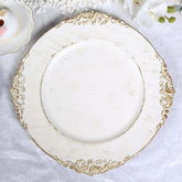 6-Pack Acrylic Round Charger Plates 13" in White Washed with Gold Embossed Baroque Rim, Antique Decorative Dinner Party Charger Tableware