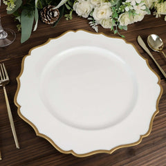 6-Pack Acrylic Round Charger Plates 13" in White with Gold Scalloped Rim, Decorative Dinner Party Plastic Charger Tableware