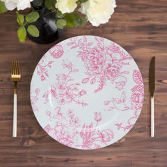 6-Pack Acrylic Round Charger Plates 13" in White with Pink Floral French Toile Pattern, Decorative Dinner Party Charger Tableware