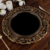 6-Pack Acrylic Round Charger Plates 14" in Black with Gold Engraved Baroque Rim, Vintage Disposable Decorative Chargers