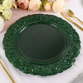 6-Pack Acrylic Round Charger Plates 14" in Hunter Emerald Green with Engraved Baroque Rim, Vintage Disposable Decorative Chargers