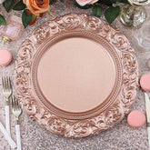 6-Pack Acrylic Round Charger Plates 14" in Rose Gold with Engraved Baroque Rim, Vintage Disposable Decorative Chargers