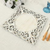 6-Pack Acrylic Square Charger Plates 12" Whitewashed with Hollow Lace Border, Event Tabletop Decorative Charger Tableware
