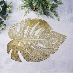 6-Pack Dining Table Mats Monstera Leaf Design Gold - Vinyl Non-Slip Surface for Tropical Themes 18"