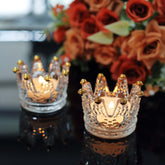 6-Pack Glass Crown Votive Candle Holders Clear Crystal Design with Gold Beaded Tips - Tea Light Holders 3"x2"